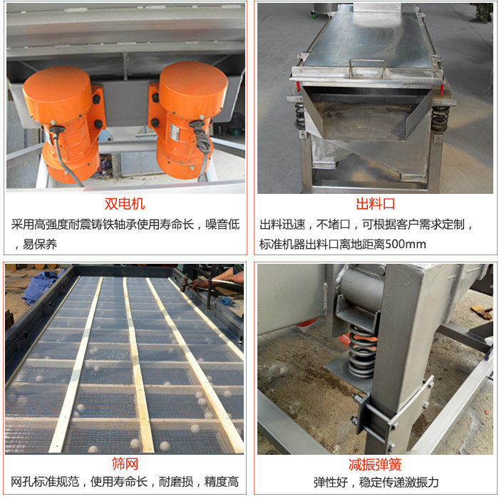 線振動篩配件優(yōu)勢：雙電機采用高強度耐震鑄鐵軸承使用壽命長，噪音低，易保養(yǎng)，出料口：出料迅速，不堵口，可根據(jù)客戶需求定制標準機器出料口離地距離500mm。篩網(wǎng)：網(wǎng)孔標準規(guī)范，使用壽命長，耐磨損，精度高。減震彈簧彈性好，穩(wěn)定傳遞激振力。