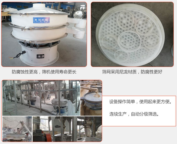 直徑1000型塑料振動篩特點：1，防腐蝕性更高，篩機使用壽命更長.2，篩網(wǎng)采用尼龍材質(zhì)，防腐性更好，3，設(shè)備操作簡單，使用起來更方便。4，連續(xù)生產(chǎn)，自動分級篩選。