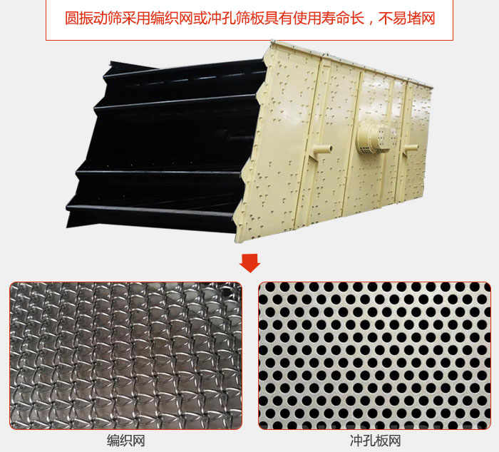 圓振動篩采用編織網或沖孔篩板具有使用壽命長，不易堵網。