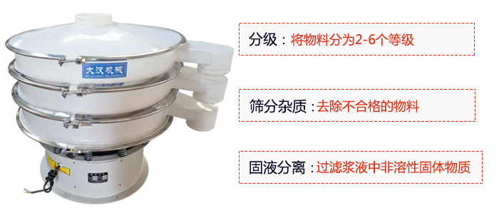 600型聚丙烯振動(dòng)篩優(yōu)勢(shì)：分級(jí)：將物料京分為2-6個(gè)等級(jí)。篩分雜質(zhì)：去除不合格的物料。固液分離：過(guò)濾漿液中非溶性固體物質(zhì)。