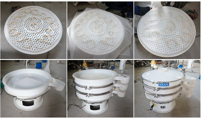 安裝塑料網(wǎng)架的空心U形網(wǎng)架，安裝清網(wǎng)裝置（擋球環(huán)和彈跳球），細網(wǎng)安裝到網(wǎng)架和清網(wǎng)裝置上面；安裝底框，將裝好的網(wǎng)架放到地框上再放一層篩框，安裝束環(huán)與防塵蓋，雙層塑料振動篩安裝完畢