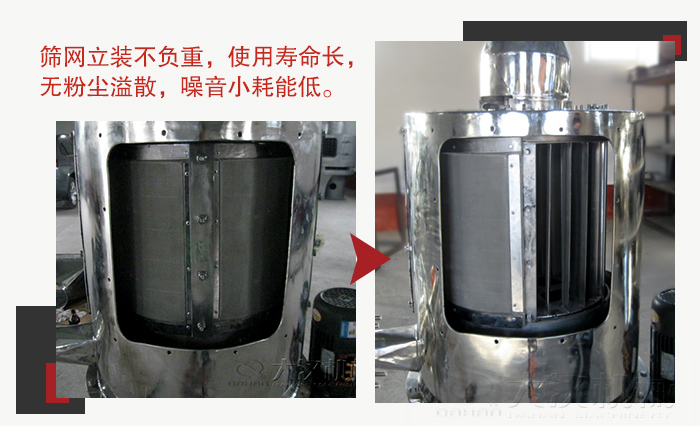 氣流篩采用立式篩網(wǎng)，不受物料的沖擊力的影響，篩網(wǎng)使用壽命長(zhǎng)