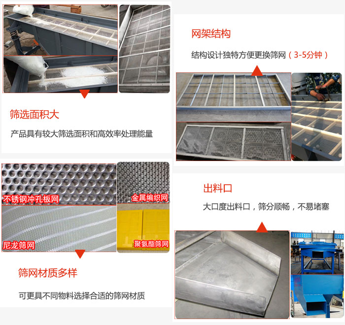 多層直線振動篩篩選面積大，網(wǎng)架結(jié)構(gòu)方便篩網(wǎng)更換，篩網(wǎng)可選：不銹鋼沖孔板，金屬編織，尼龍篩網(wǎng)，聚氨酯篩網(wǎng)等。