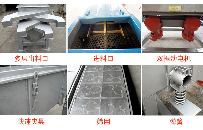 多層直線振動篩出料口，篩網(wǎng)，彈簧，快速夾具，振動電機(jī)等