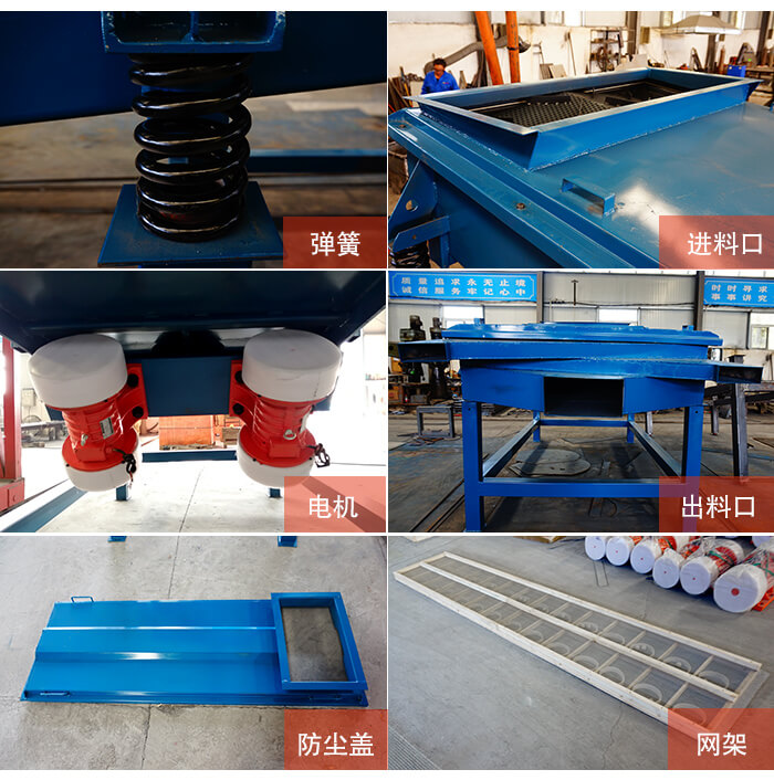 1035直線振動篩細節(jié)展示：出料口，振動彈簧，振動電機，進料口。