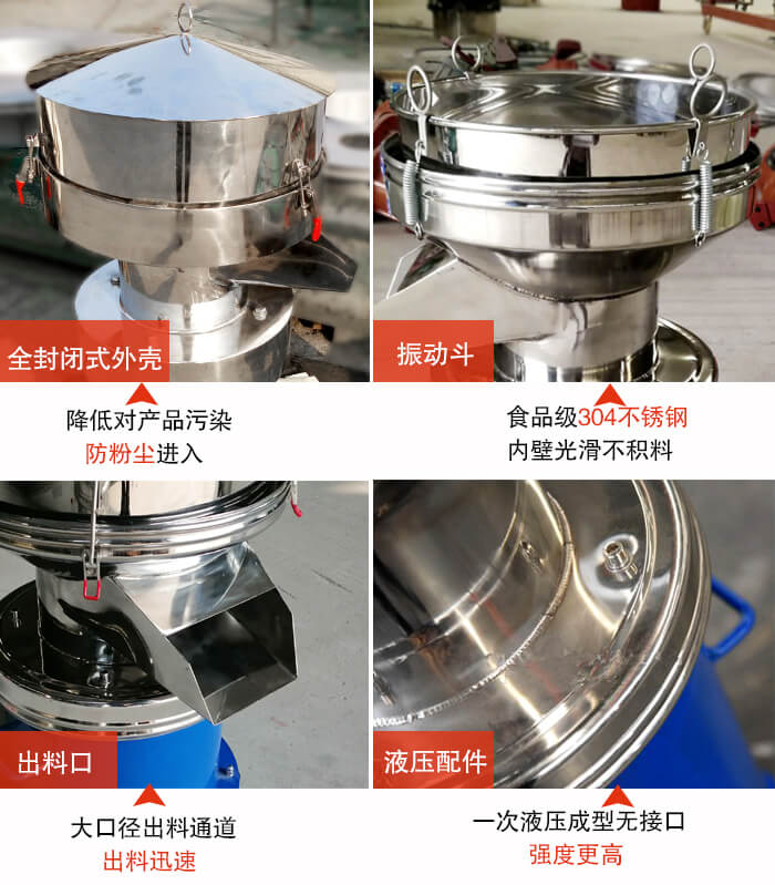 450過濾篩機結(jié)構(gòu)組成：全封閉式外殼設(shè)計：對產(chǎn)品的污染低，防塵粉進入電機內(nèi)部延長設(shè)備壽命。振動斗：食品304不銹鋼篩斗，內(nèi)壁光滑不存在積料現(xiàn)象。出料口，大口徑出料通道，出料迅速，提高工作效率。液壓配件：一次液壓成型無接口強度更高。
