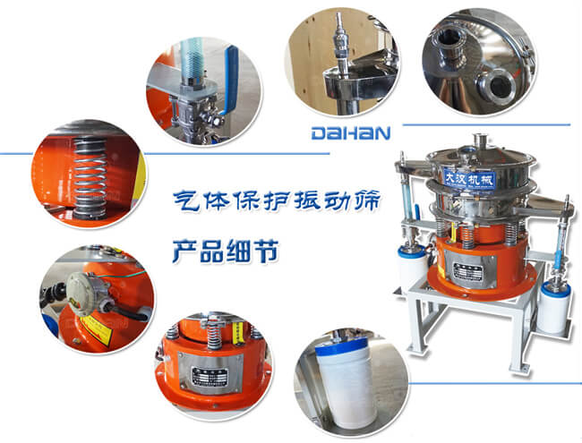 氣體保護(hù)振動(dòng)篩細(xì)節(jié)：振動(dòng)彈簧，手動(dòng)閥門，料罐等。