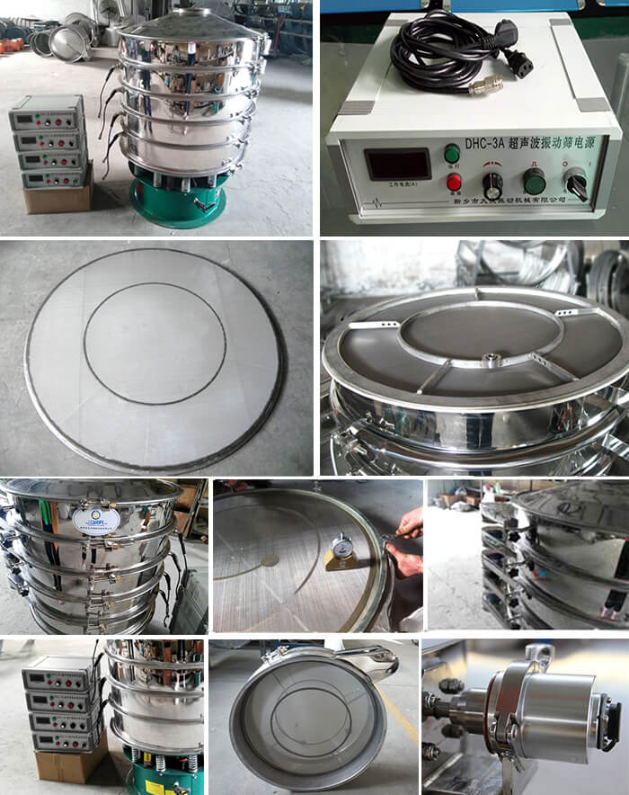 超聲波旋振篩配件介紹：超聲波控制箱，篩網(wǎng)網(wǎng)架，超聲波換能器，大束環(huán)。